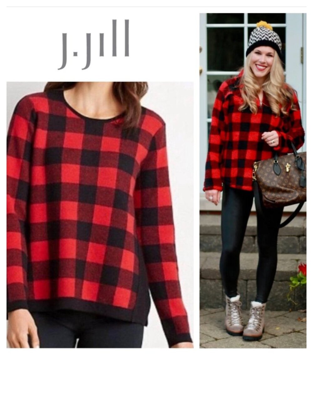 J. Jill Sz Large 12 14 Sweater Pullover Buffalo Plaid Red Black Cotton Wool